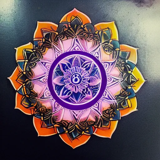 Image similar to a sun and moon mandala, tattoo style, color restoration, orange purples reds, glowing, double exposure, high quality ink