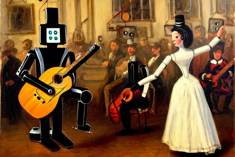 Image similar to a guitar player as a robot performing for a crowd in victorian era london, painting