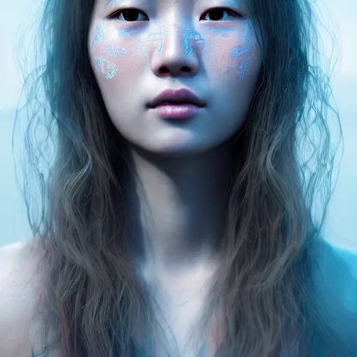 Image similar to intricate highly detailed face portrait of asian - european woman, light blue - pink gradient water vines on her face, intricate, cgsociety, unreal engine, octane render, sharp focus, smooth, volumetric lighting, cinematic composition, artstation