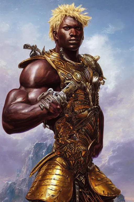 Image similar to a powerful and muscular make african warrior , half body portrait, blond hair, ornate armour, realistic oil painting by Thomas Cole and Wayne Barlowe and Boris Valejo
