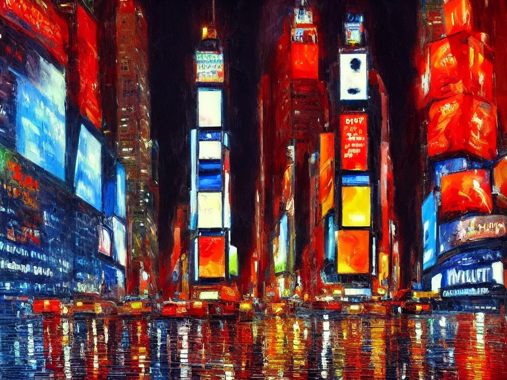 Prompt: Times Square on a rainy night, oil painting, in the style of Claude Monet, Impressionism, thick brush strokes, vivid colors, breathtaking, masterpiece, trending on ArtStation