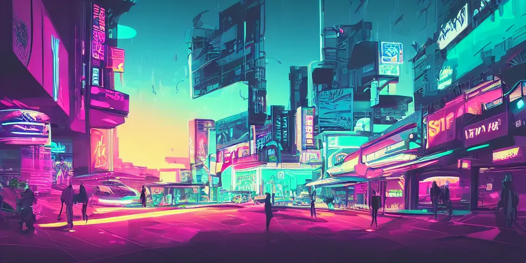 Prompt: street scene neon futuristic cyberpunk vaporwave tron glow sunset clouds sky illustration concept art
