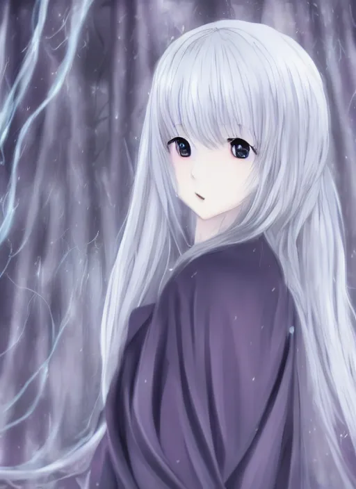 Image similar to thin anime girl with silver hair so pale and wan!, wearing robes, covered in robes, anime goddess manga, flowing hair, pale skin, young cute face, covered!!, clothed!, 4 k resolution, aesthetic!,