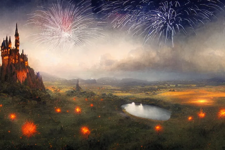 Prompt: wide angle view, a beautiful digital painting of a vast valley of fairy homes and castles with firework festival in the sky, twilight, fireworks, river, reflections, magical, by greg rutkowski, gerald brom, jean - baptiste monge, and brian froud, symmetry, complementary colors, ink illustration, sharp focus, octane render