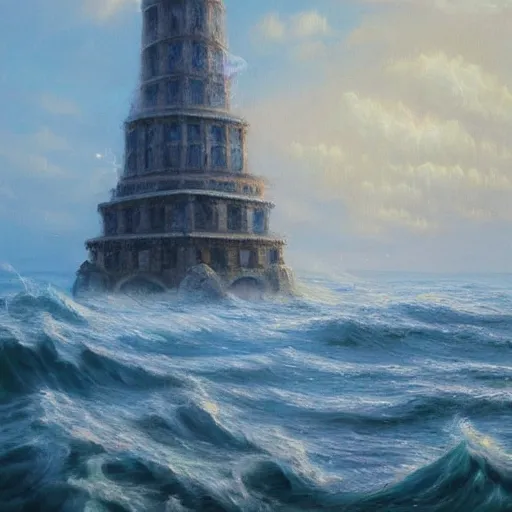 Image similar to highly detailed oil painting art of an ethereal tower rising from the ocean