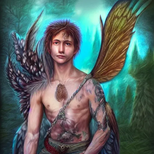 Image similar to hyper realistic color pencil drawing of a male fairy druid with hawk wings, D&D Art, detailed, rim light, diffused, intricate, axe, by anna dittmann