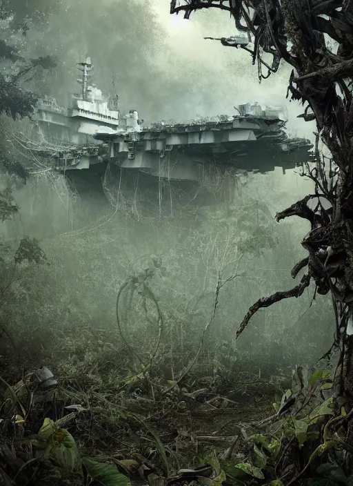 Image similar to decayed aircraft carrier USS Nimitz laying on the ground overgrown with vegetation and hanging vines, post apocalyptic, tropical forest, by Luis Royo, by Greg Rutkowski, low angle shot, dark, gritty, intricate, cover illustration, concept art, volumetric lighting, volumetric atmosphere, sharp focus, octane render, trending on artstation, 8k