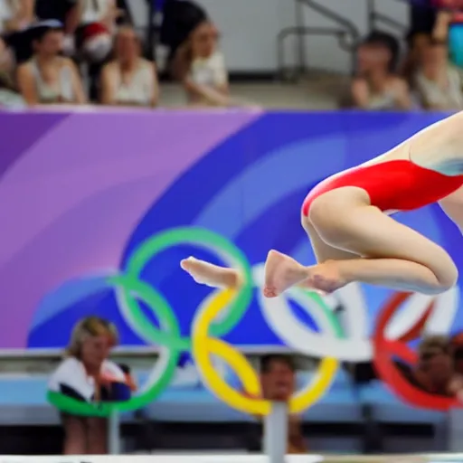 Prompt: a young woman jumping in a pool on an olympic competition