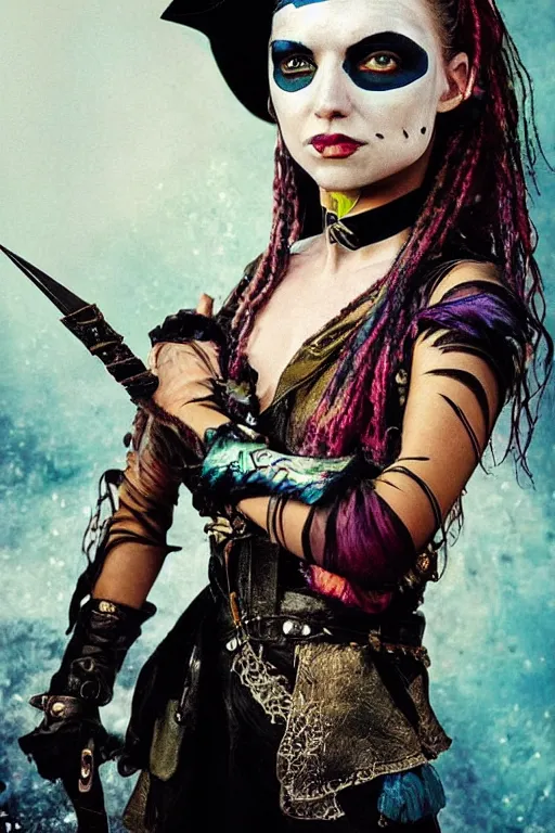 Image similar to a swashbuckling woman pirate portrait in national geographic, her clothing is sheer and futuristic, painted with iridescent face paint