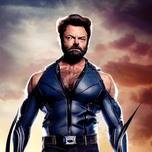 Prompt: wolverine in x - men suit played by nick offerman, logan marvel movie still, detailed 8 k, poster style, high resolution, photorealistic