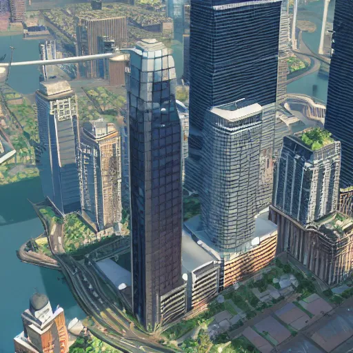 Image similar to canary wharf, screenshot from cities : skylines ( 2 0 2 5 ) vr game, isometric view, unreal engine, raytracing, volumetric fog resolution, ambient occlusion, anisotropy, shadow resolution, texture quality high, chromatic abberation, 8 k