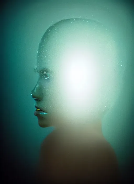 Prompt: crystallized human silhouette, large diffused glowing aura, long exposure, film grain, cinematic lighting, concept art, maximum detail, cgsociety, underwater, reflections, mirror, transformation