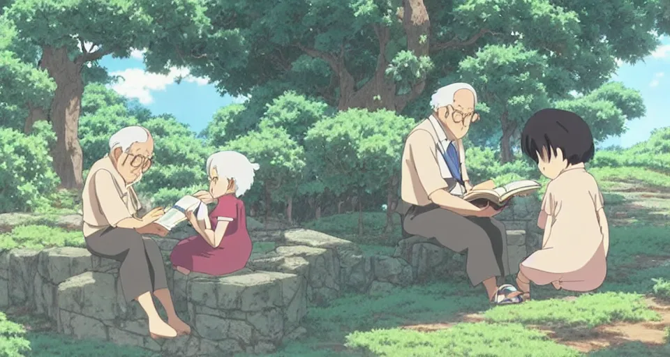 Prompt: screenshot from the anime film by studio ghibli, grandpa reading a book to a young child, serene, summer, from the anime film by makoto shinkai