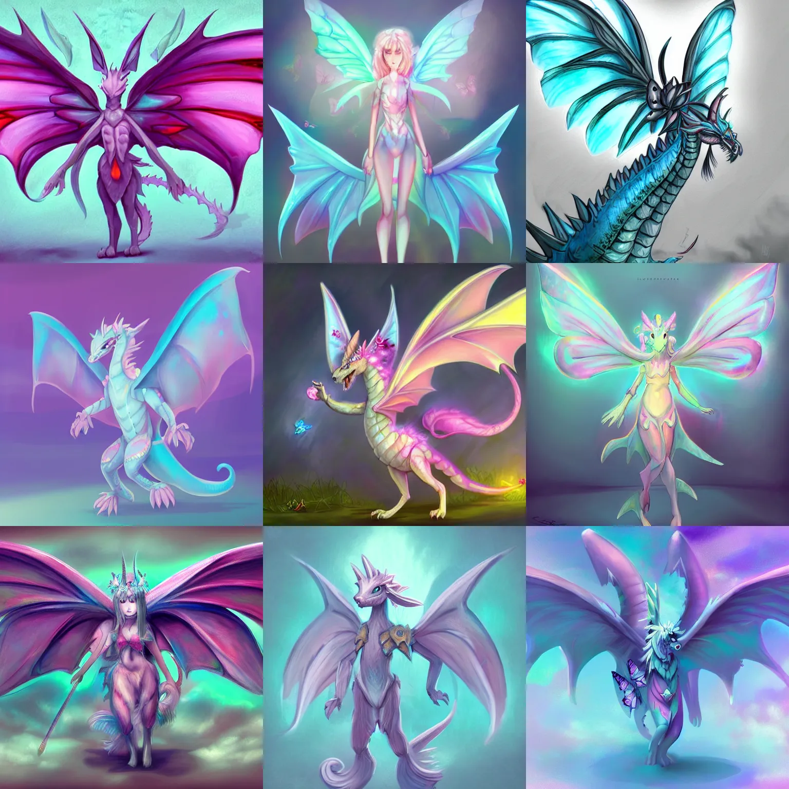 Prompt: full body digital illustration of an cute pastel fantasy dragon with butterfly wings, concept art, matte background, deviantArt, artstation