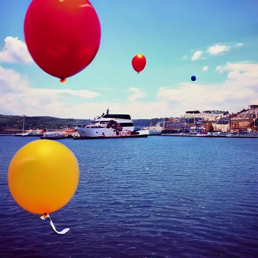 Prompt: photo of a lot of birthday balloons floating above a beautiful maritime port. sharp focus, highly - detailed, award - winning, epic cinematic