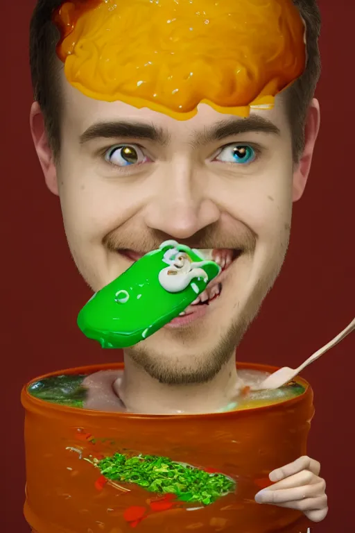 Image similar to 📷 jacksepticeye swimming in soup, made of food, head portrait, dynamic lighting, 4 k