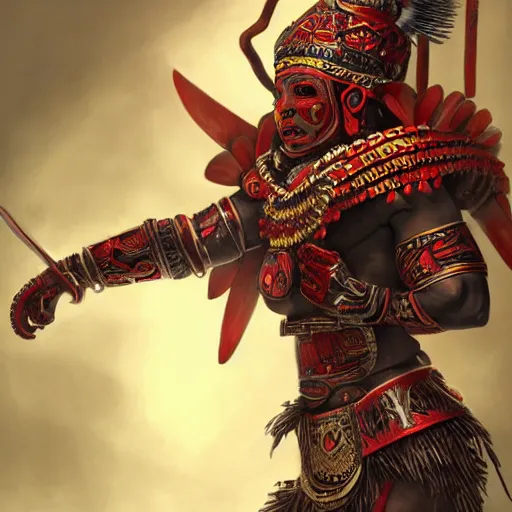 Image similar to maya warrior in a ornated armor preparing for war, full body, dynamic pose, red and obsidian neon, concept art, intricate details, highly professionally detailed, cgsociety, highly detailed -