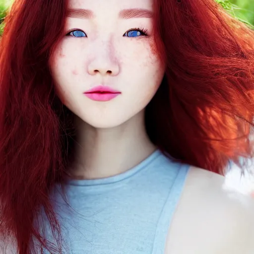 Prompt: Close up photo of the left side of the head of a young beautiful redhead korean woman with gorgeous blue eyes, beautiful white teeth and wavy long red hair, red detailed lips and freckles who looks directly at the camera. Slightly open mouth. Whole head visible and covers half of the frame, with a park visible in the background. 135mm nikon.