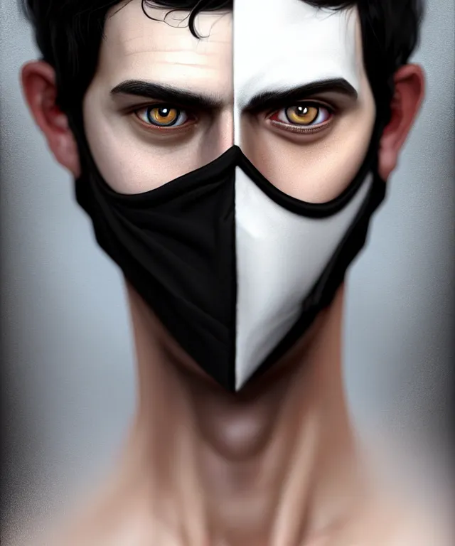 Image similar to white man with black fabric mask, short dark hair, highly detailed face!!!, true anatomy!, extremely detailed!, digital painting, unreal engine 5, art by tom bagshaw