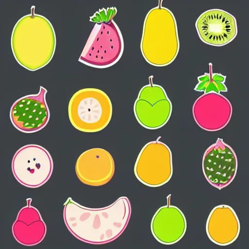 Image similar to a set of kawaii fruits isolated on white background, stylized, cartoon, cute, vector graphics, trending on pinterest, featured on artsation, high quality, smooth graphics, fine edges,