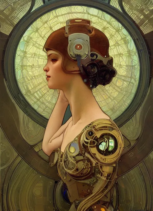 Image similar to portrait of a beautiful female android, coy, circuitry visible in head, in the style of ex machina, karol bak, alphonse mucha, artstation,