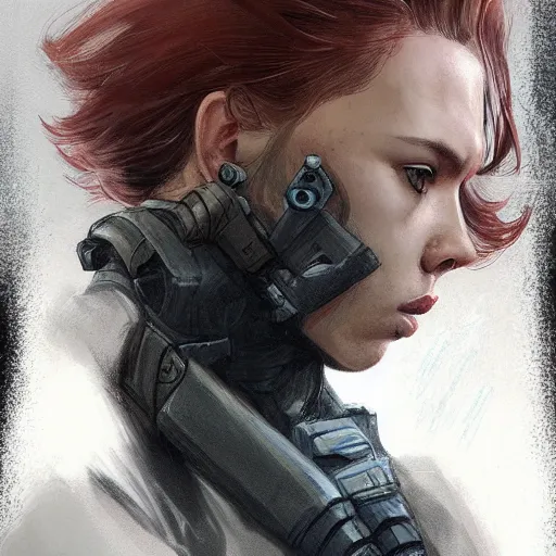 Image similar to solid snake played by by scarlett johansson, face portrait, hd shot, digital portrait, elegant, beautiful, fantasy art, artstation, comic style, by artgerm, guy denning, jakub rozalski, magali villeneuve and charlie bowater