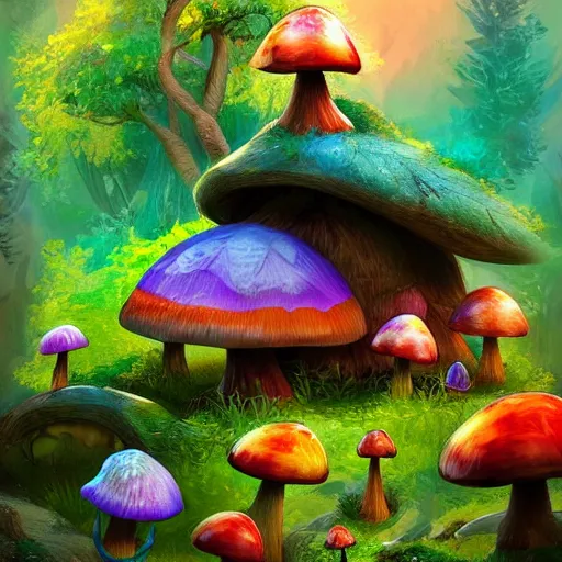 Image similar to Surreal hut in a fantasy forest, colorful mushrooms, artstation, award-winning!!!