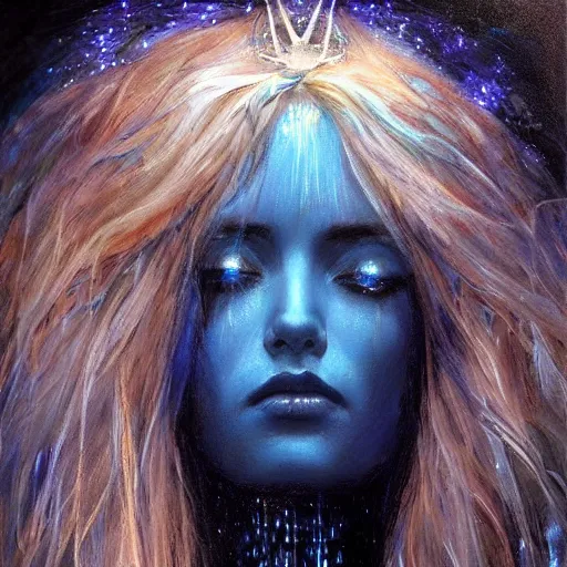 Prompt: masterpiece goddess of sorrow, realistic portrait, 3 0 years woman, melancholic face, long hair, digital painting by louis royo and julie bell, dark tenebrous blue background, cinematic light, aura effect, some chaotic sparkles, wind, unreal engine, artstation, deviantart, pinterest, darker