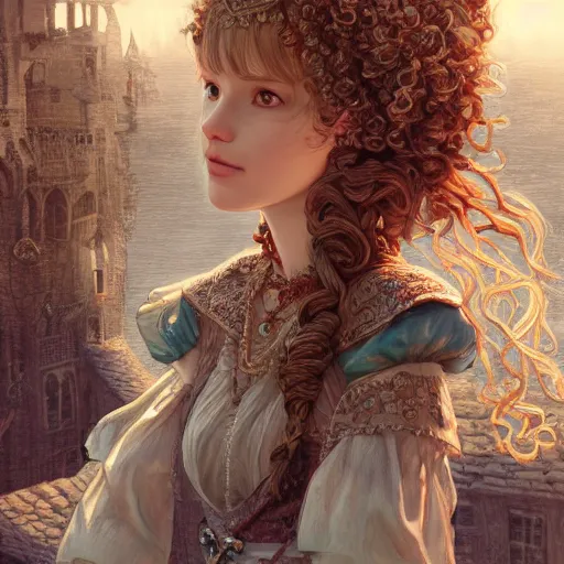 Prompt: character portrait of the white princess in the marketplace in the sky, color page, 4K, tone mapping, doll, Akihiko Yoshida, James_Jean_Andrei_Riabovitchev_Marc_Simonetti, Yoshitaka Amano, digital illustration, braided hair, ringlet, curls
