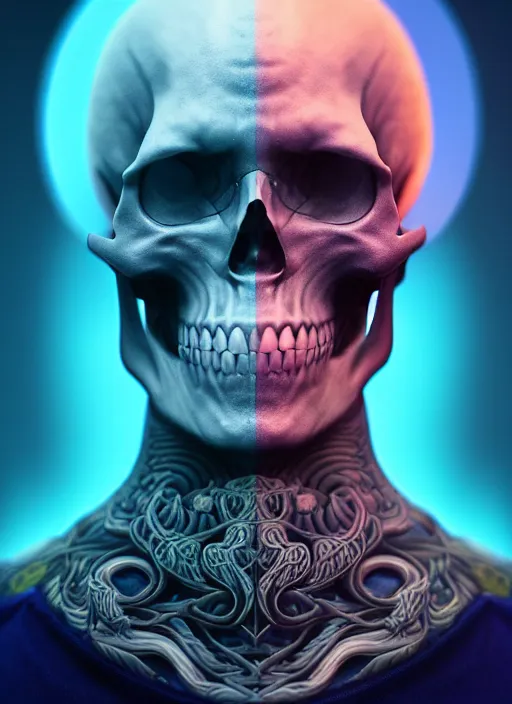 Image similar to 3 d shaman with tattoos profile portrait, sigma 5 0 0 mm f / 5. beautiful intricate highly detailed skull. bioluminescent, plasma, frost, water, wind, creature, gradient background, thunderstorm! artwork by tooth wu and wlop and beeple and greg rutkowski, 8 k trending on artstation,