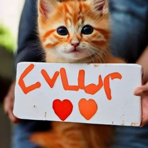 Image similar to cute fluffy orange tabby kitten with a sign that says