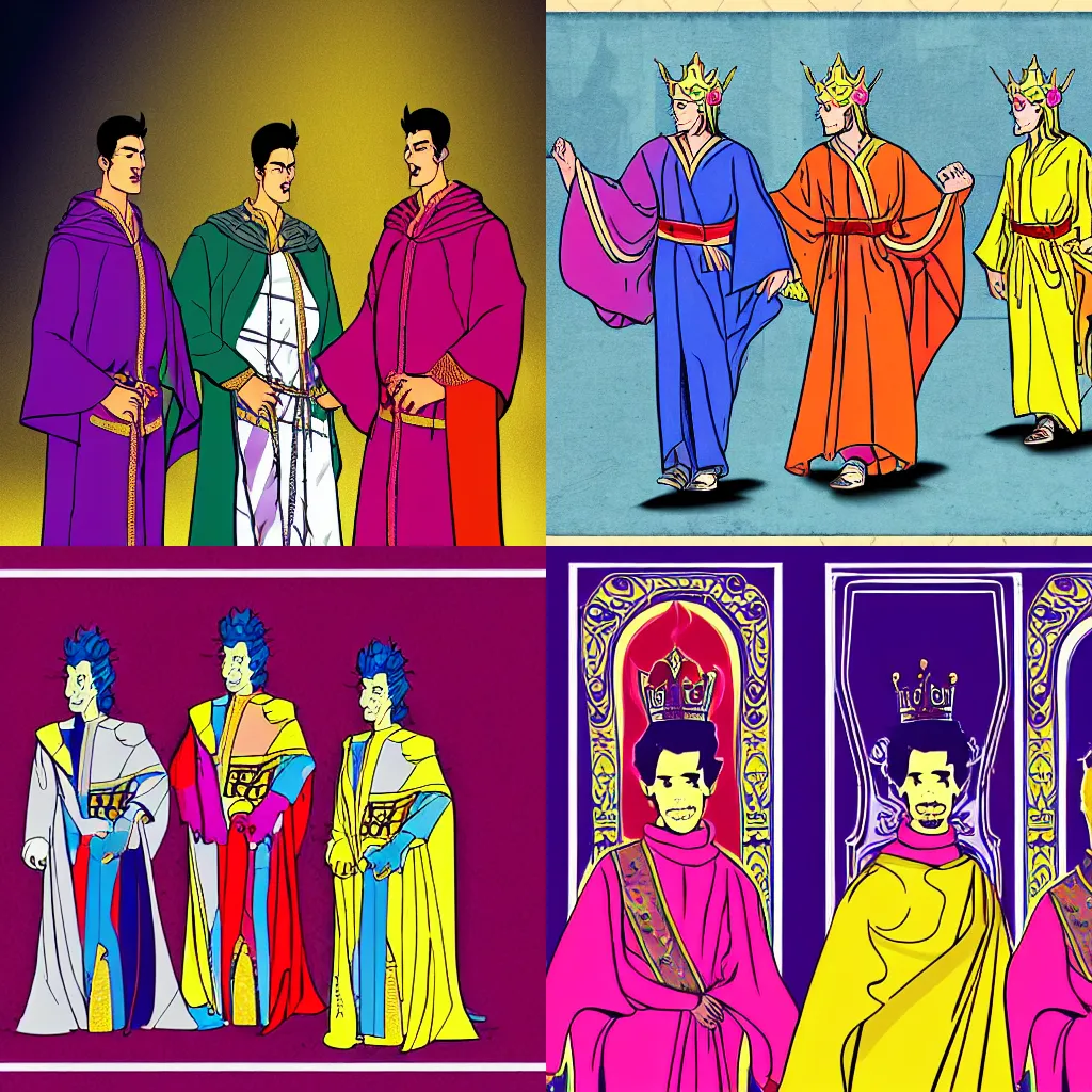 Prompt: comic illustration of three princes wearing flowing royal robes, color pop photo