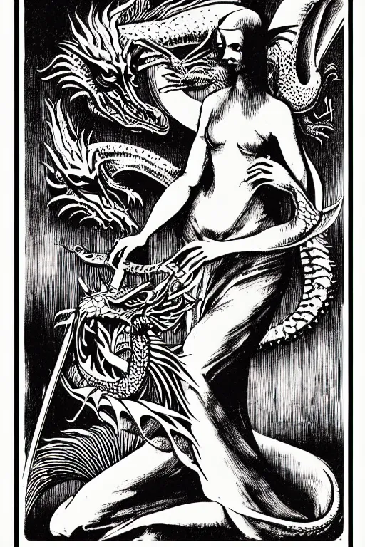 Image similar to art deco woman killing a dragon art by james o barr and albrecht durer, surreal woodblock print, black and white, vector, vector art