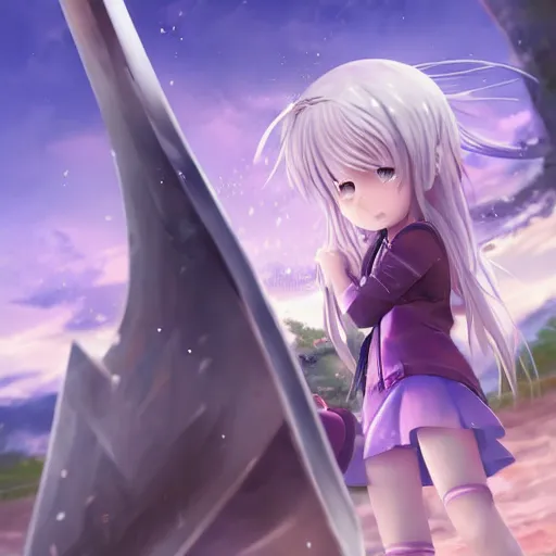 Image similar to advanced digital anime art, WLOP , a small school girl with silver hair wearing a violet dress and bare feet carrying a gigantic axe over the shoulder looking unimpressed , DOF, Gaussian Blur, —W 1920