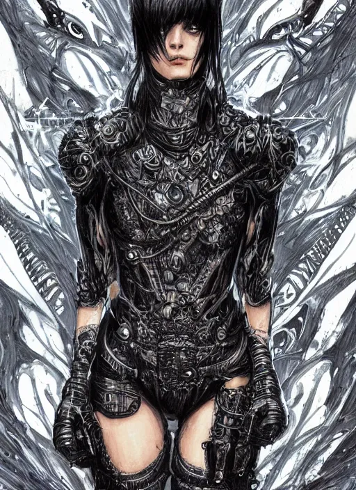 Image similar to a black haired woman in a leather jacket, muscular upper body, abs, d & d, fantasy, intricate, elegant, highly detailed, digital painting, artstation, concept art, smooth, sharp focus, illustration, art by philippe druillet