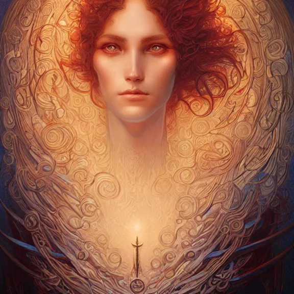 Image similar to a highly detailed beautiful portrait in the style of jean delville and in the style of peter mohrbacher. glowing runes of magical power.