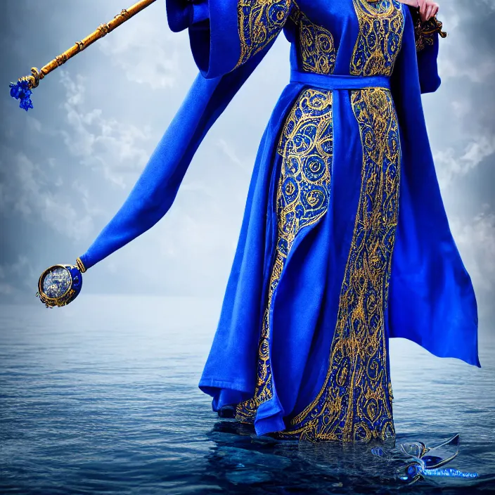 Image similar to full length photo of a very beautiful!! elemental water witch with ornate blue robes staff, highly detailed, 8 k, hdr, smooth, sharp focus, high resolution, award - winning photo