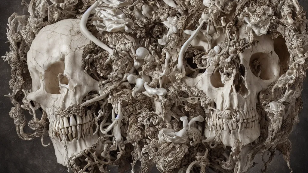 Prompt: skull of mystery, an epic sculpture made of marble and ivory, by gustave dore, by emil melmoth, by alphonse mucha, hell, sculpture standing on in a large studio space, monumental, epic, rococo, generative, detailed, intricate, volumetric lighting, realistic, octane render, 2 0 % pearlescent detailing