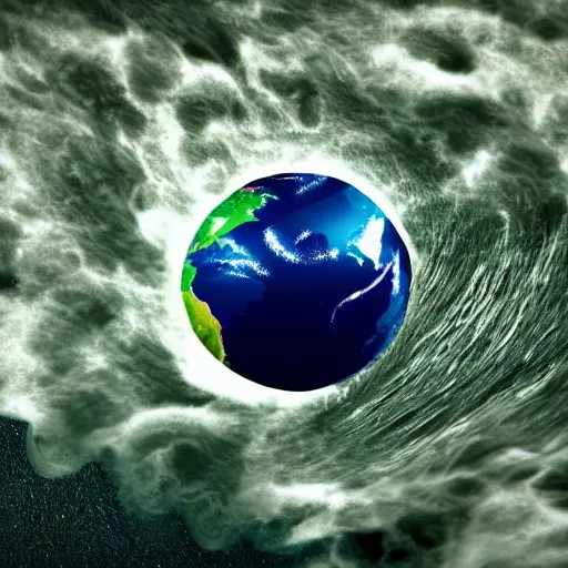 Prompt: planet earth inside a bubble floating on a wild ocean wave