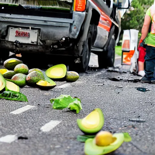 Prompt: avocado truck accident, people picking avocados from the road, highly detailed photograph