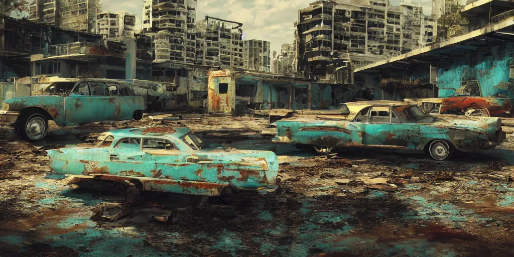 Prompt: fallout 5, photo of dilapidated miami, tropical coastal city, desolate, dilapidated, few rusted retro futuristic vintage parked vehicles, sunny weather, few clouds, volumetric lighting, photorealistic, daytime, spring, sharp focus, ultra detailed, 4 1 0 0 k, technicolour 1