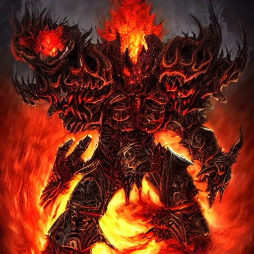 Image similar to inferno demon lord of torment in heavy molten armor, artstation hall of fame gallery, editors choice, #1 digital painting of all time, most beautiful image ever created, emotionally evocative, greatest art ever made, lifetime achievement magnum opus masterpiece, the most amazing breathtaking image with the deepest message ever painted, a thing of beauty beyond imagination or words