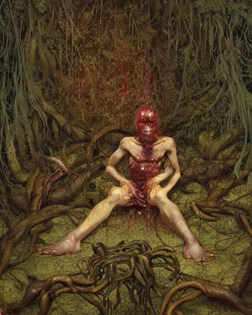 Prompt: dark fleshy figure seated in agony alone inside an empty dark ballroom overgrown with vegetation and fauna in the style of Francis Bacon, Ayami Kojima, Amano, Karol Bak, Greg Hildebrandt, and Mark Brooks, dimly lit interior room, Greg Rutkowski and Francis Bacon, perfect smile