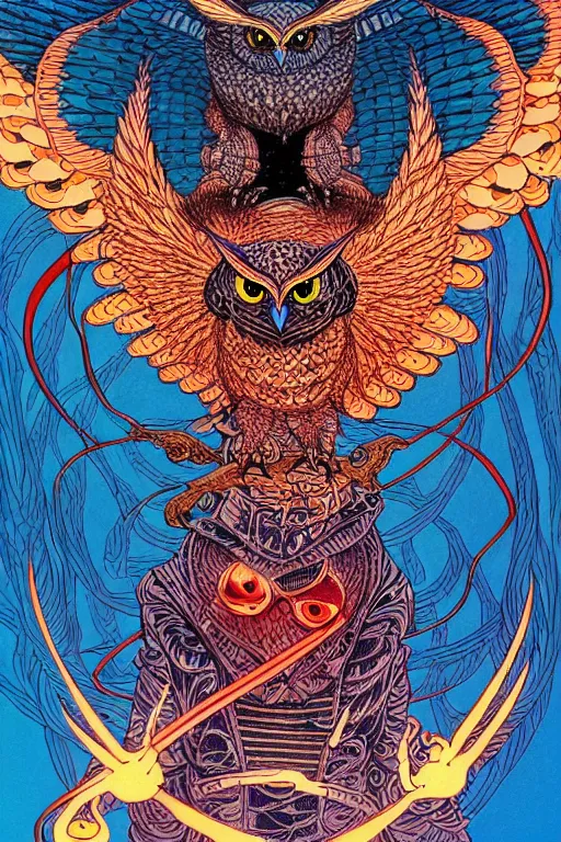 Image similar to illustration of a fire breathing owl in a suit, intricate linework, in the style of moebius, ayami kojima, 1 9 9 0's anime, retro fantasy