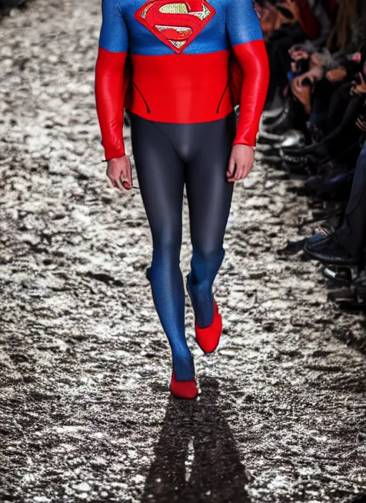 Image similar to hyperrealistic and heavy detailed moncler runway show of superman, leica sl 2 5 0 mm, vivid color, high quality, high textured, real life