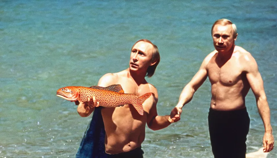 Image similar to 7 0 s movie still of putin in speedo, catching a salmon with his hands, focus on face. cinestill 8 0 0 t _ 3 5 mm eastmancolor, heavy grain, high quality, high detail