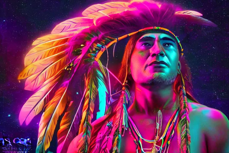 Image similar to photograph of a spiritual native american man looking up at the stars, art, universe, blender, pastel colors, synthwave, retro, cyberpunk,