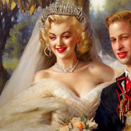 Image similar to detailed painting of prince william marrying attractive marilyn monroe, highly detailed painting by gaston bussiere, craig mullins, j. c. leyendecker 8 k, smiling couple, royal painting