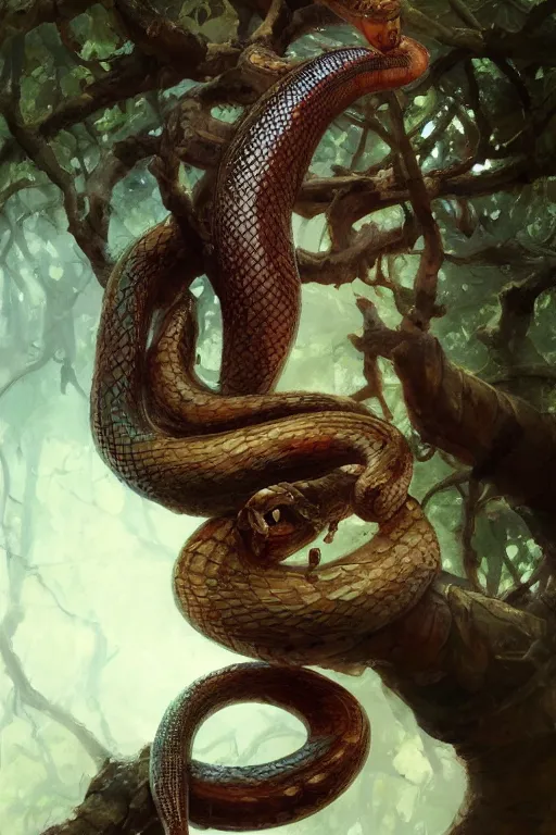 Prompt: snake on a tree, snake head close - up, snake eyes, oil painting, sunlit, paint texture, digital painting, highly detailed, artstation, sharp focus, illustration, concept art, ruan jia, charlie bowater, tom bagshaw, norman rockwell