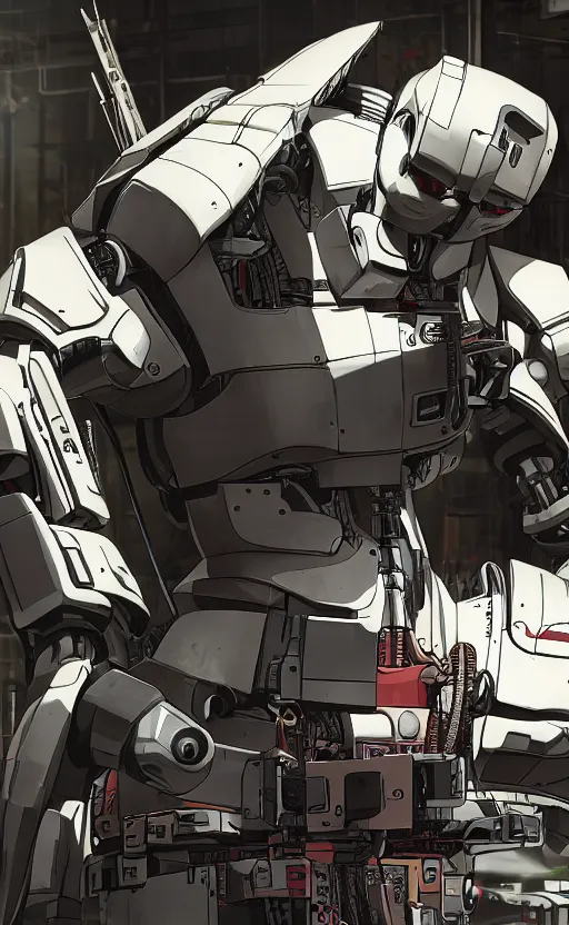 Prompt: a closeup shot of a robot being repaired in warehouse,cyberpunk,2077,big mecha,gundam,8k,high detailed,comic style,manga,epic